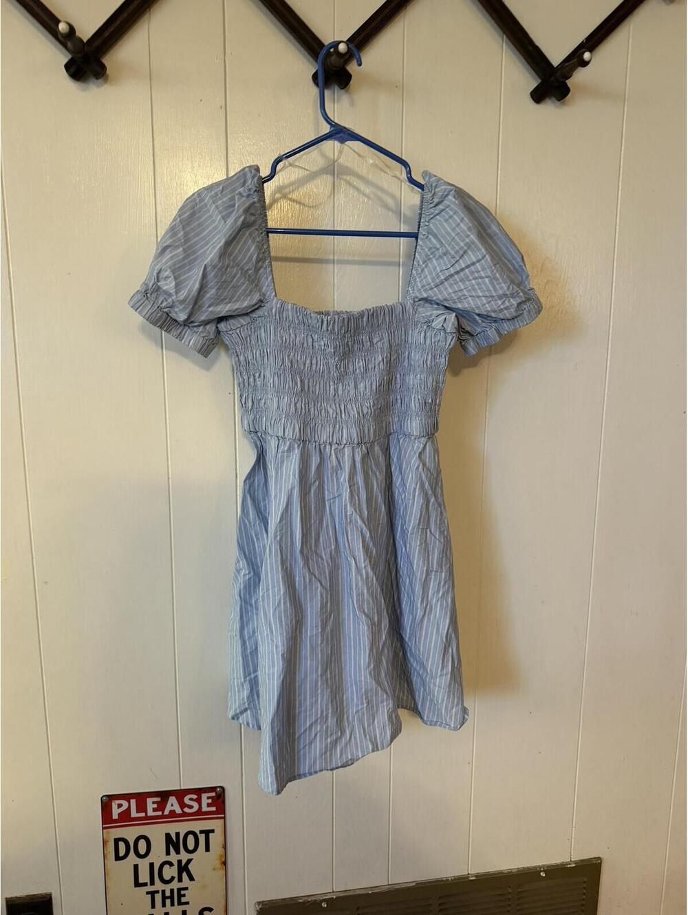 RIXO Blue and White Striped Smocked Puff Sleeve Mini Dress